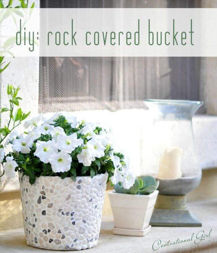 DIY Rock Covered Bucket Planter