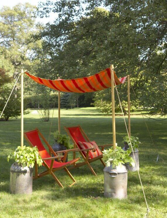 Easy Tent-Style Awning with Milk Can Anchors