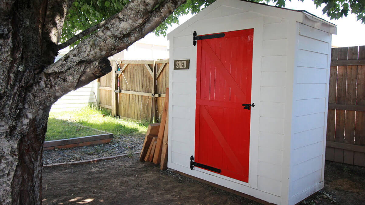 Small White Shed with a Red Door