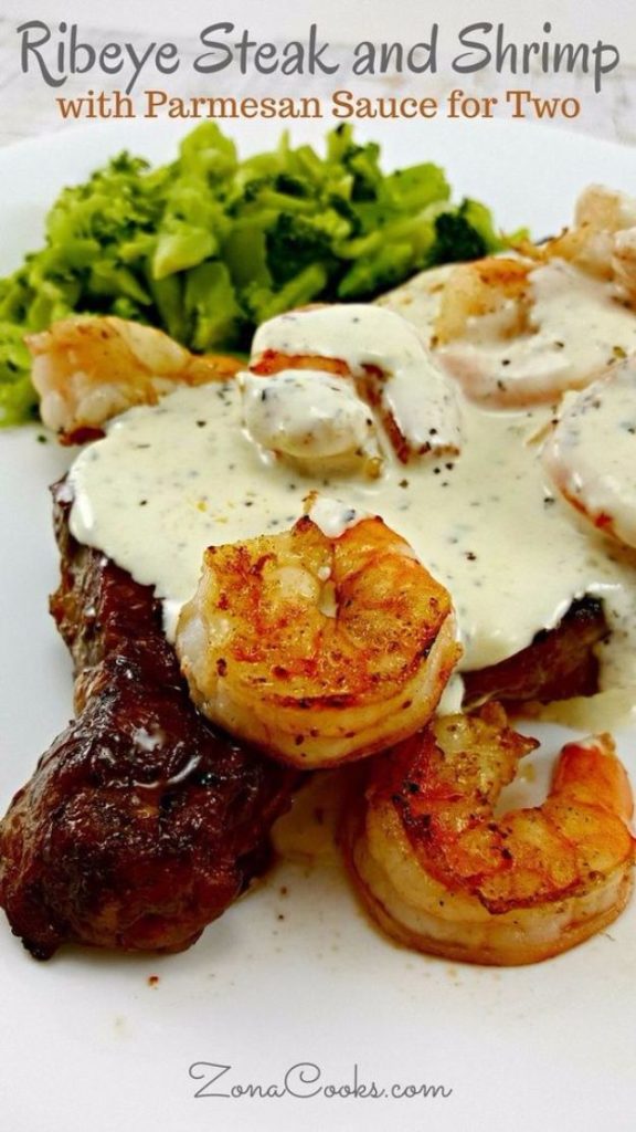 Rib Eye Steak And Shrimp With Parmesan Sauce Recipe For Two