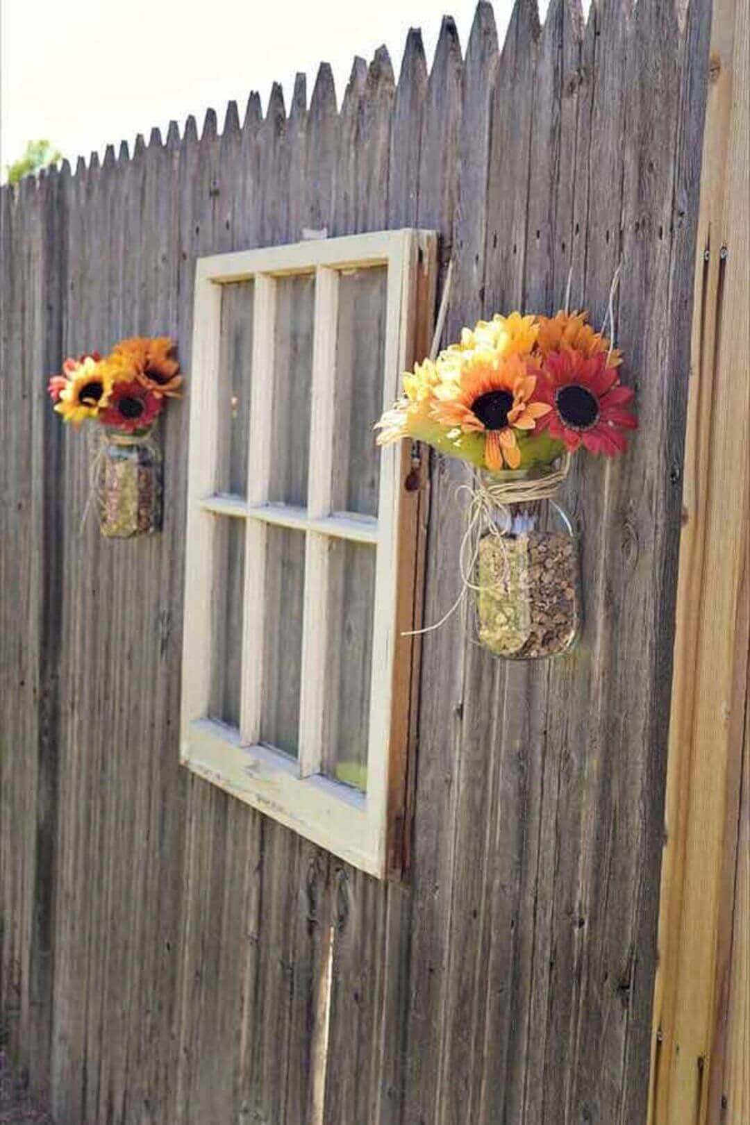 Reused Old Window with Charming Sunflowers