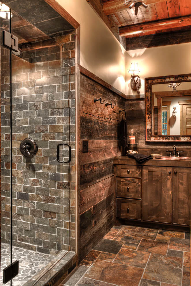 Stone Lodge Bathroom Featuring a Camo-edged Mirror