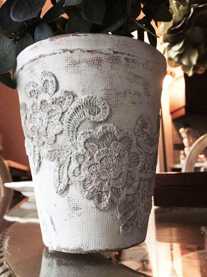 Dress Up Distressed Flowerpots with Embroidered Details