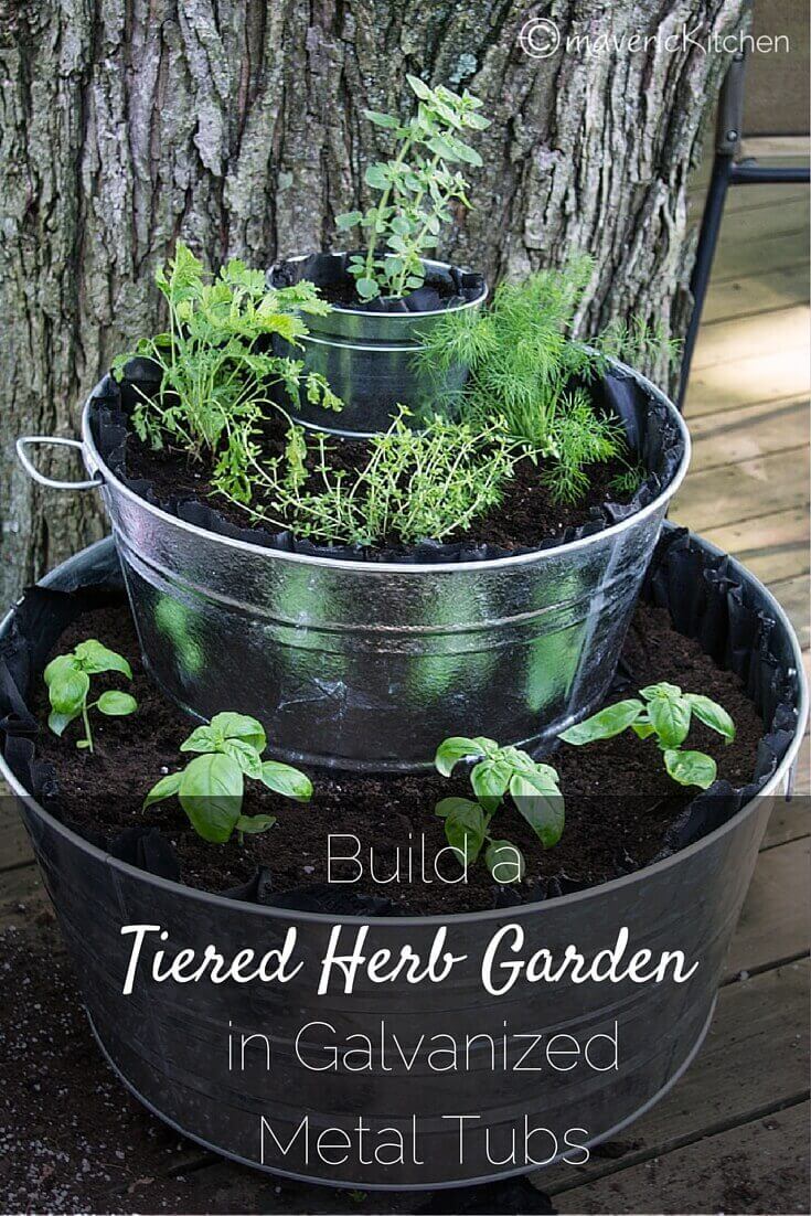 Fountain of Herbs in Tiered Metal Tubs