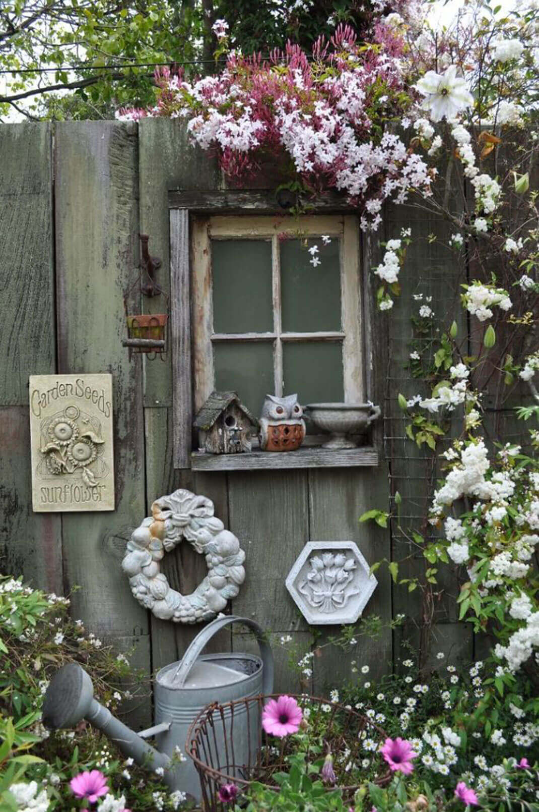 Garden Window Scene with Cute Owl Statue