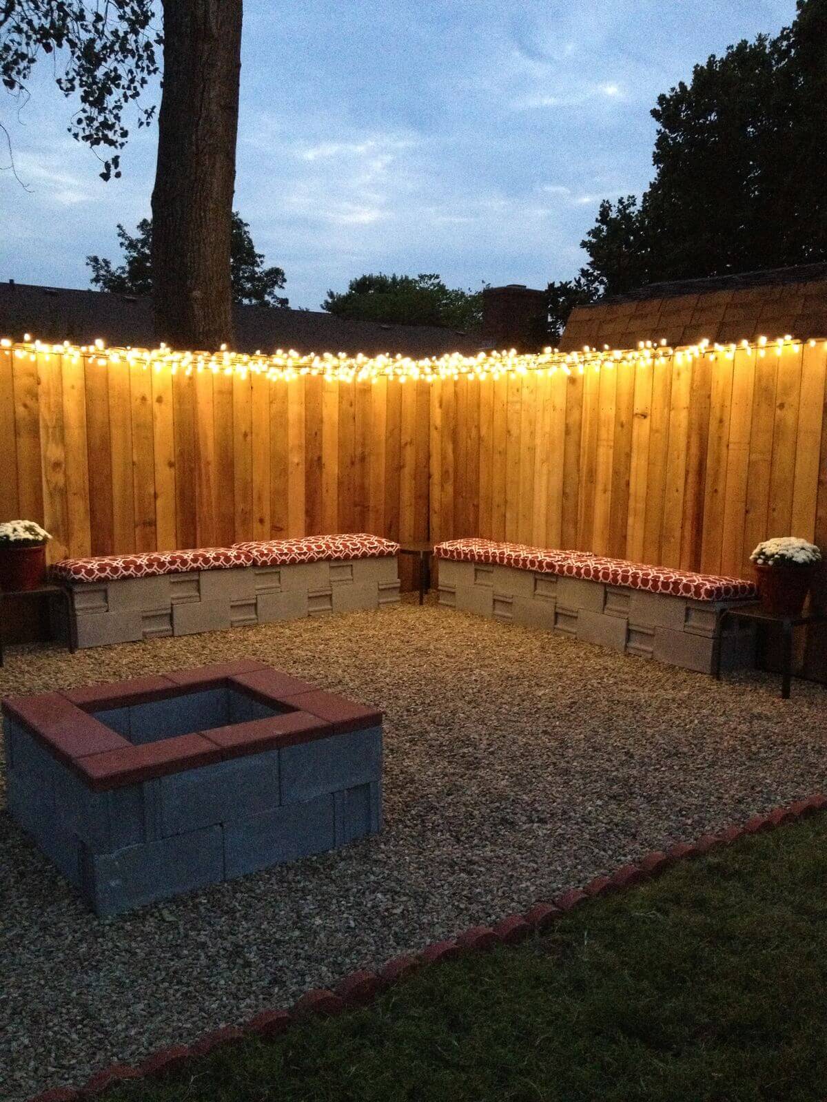 Fairy Light Fence and Cinder Block Benches