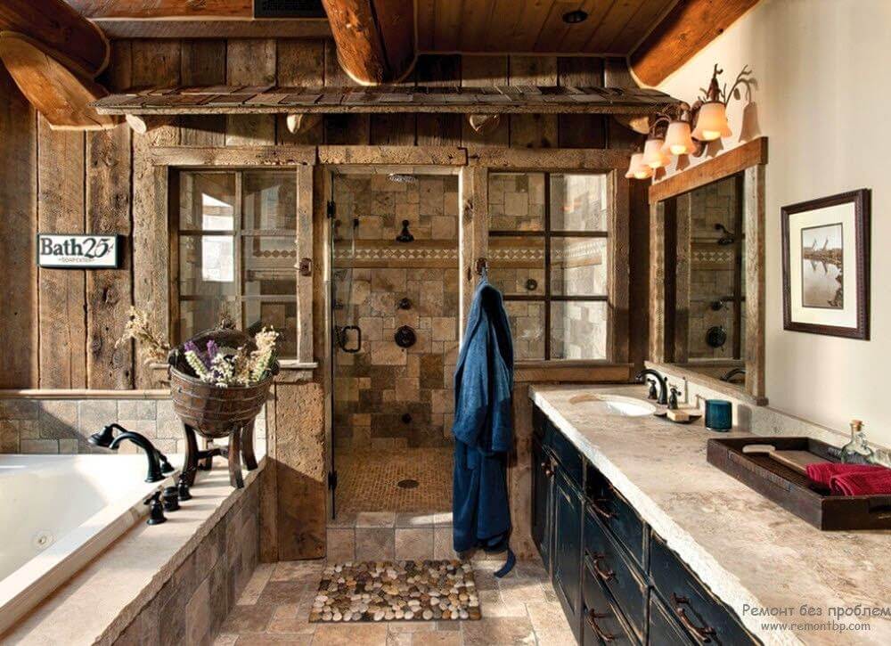 Mixed Stone Cabin Bathroom with Walk-in Shower