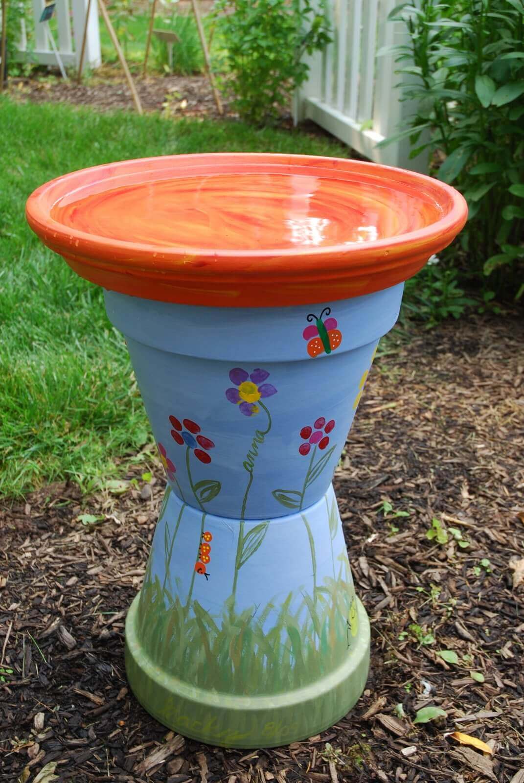 Hand Painted Bird Bath with Pots