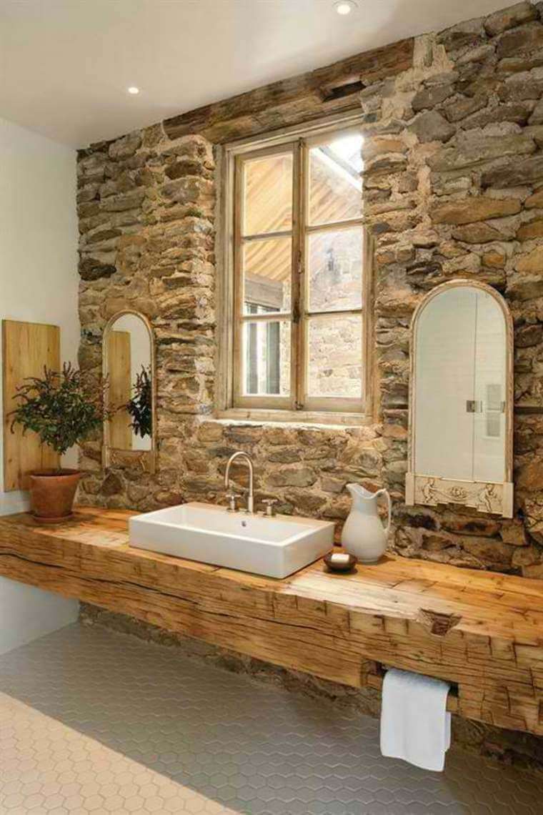 Rough Stone Accent Wall With Solid Beam Vanity