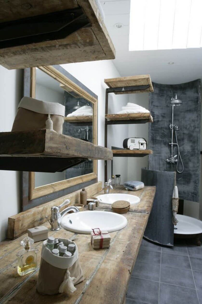 Rustic Bathroom Decorations with Honey-toned Wood and Dark Stone
