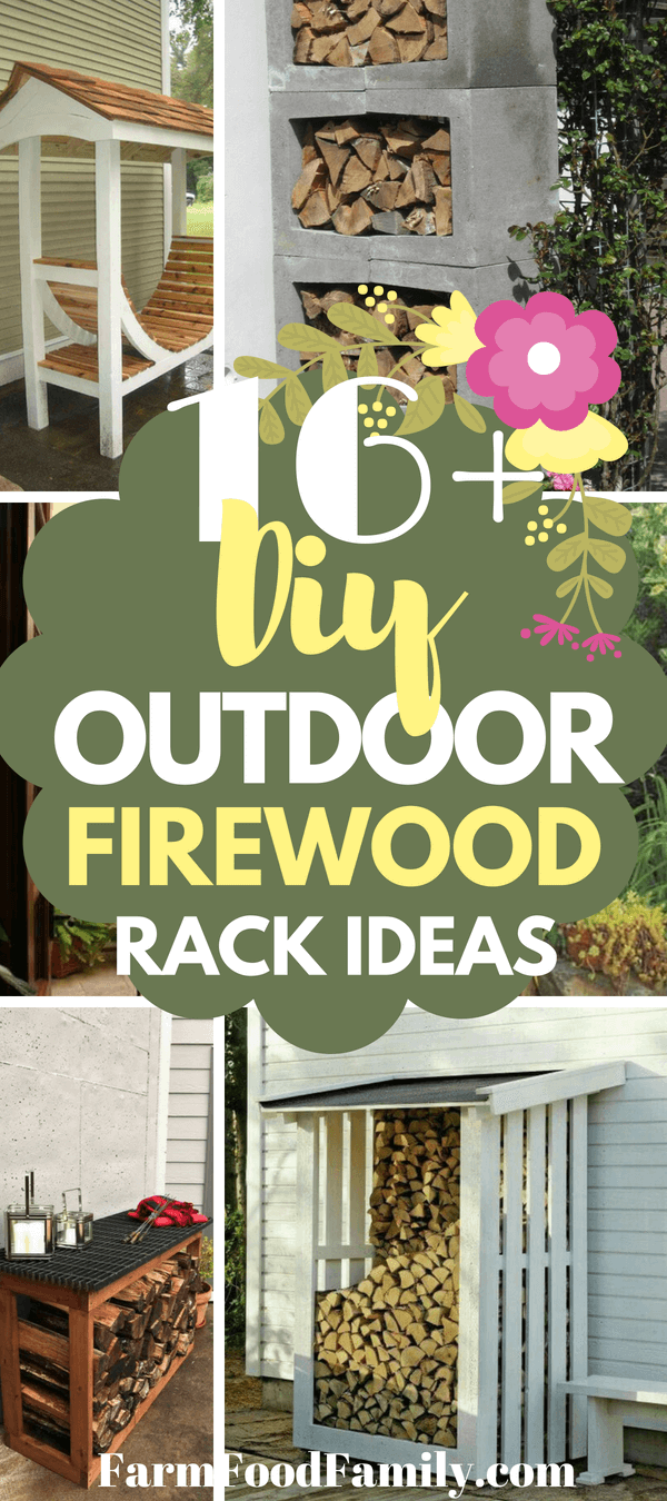 Looking for a fun and creative DIY Outdoor Firewood Rack Idea? Check out 16 easy outdoor firewood rack ideas below. #farmfoodfamily #outdoor #diy