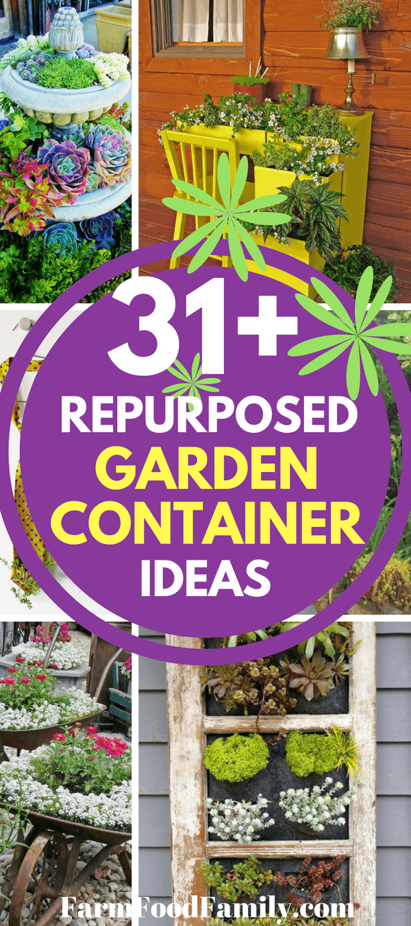 Take a look at 31 creative repurposed garden container ideas on a budget #gardenideas #repurposed #farmfoodfamily #containergarden