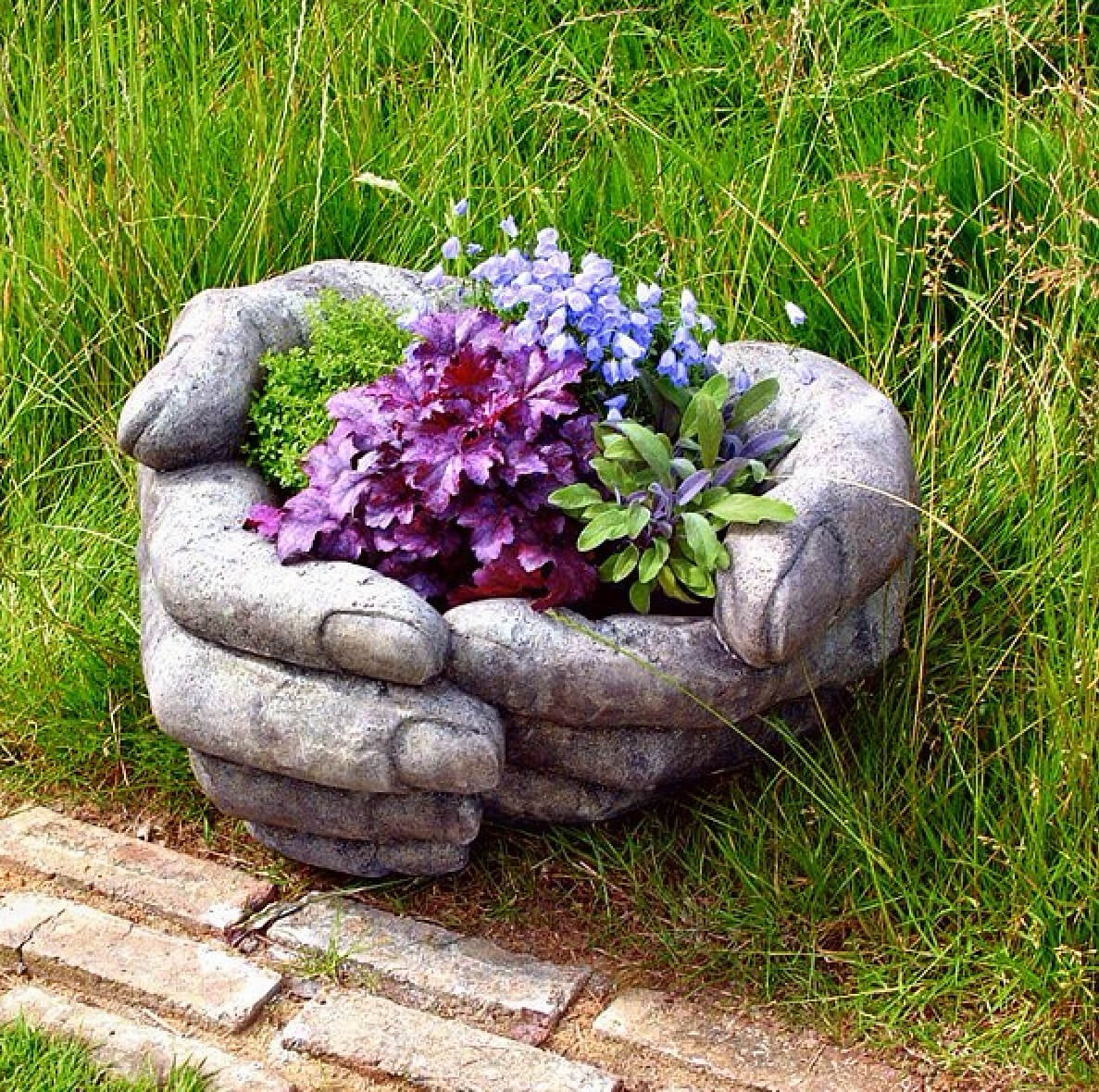 DIY Stone Hand Garden Container Idea