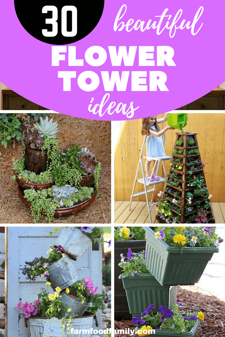 You have a small garden but do not know how to decorate. Only with a few steps and re-purposed stuff you can create a beautiful flower tower. These 31+ Beautiful DIY Flower Tower Ideas are perfect ways to brighten up your yard. #flowertower #gardeningideas #farmfoodfamily