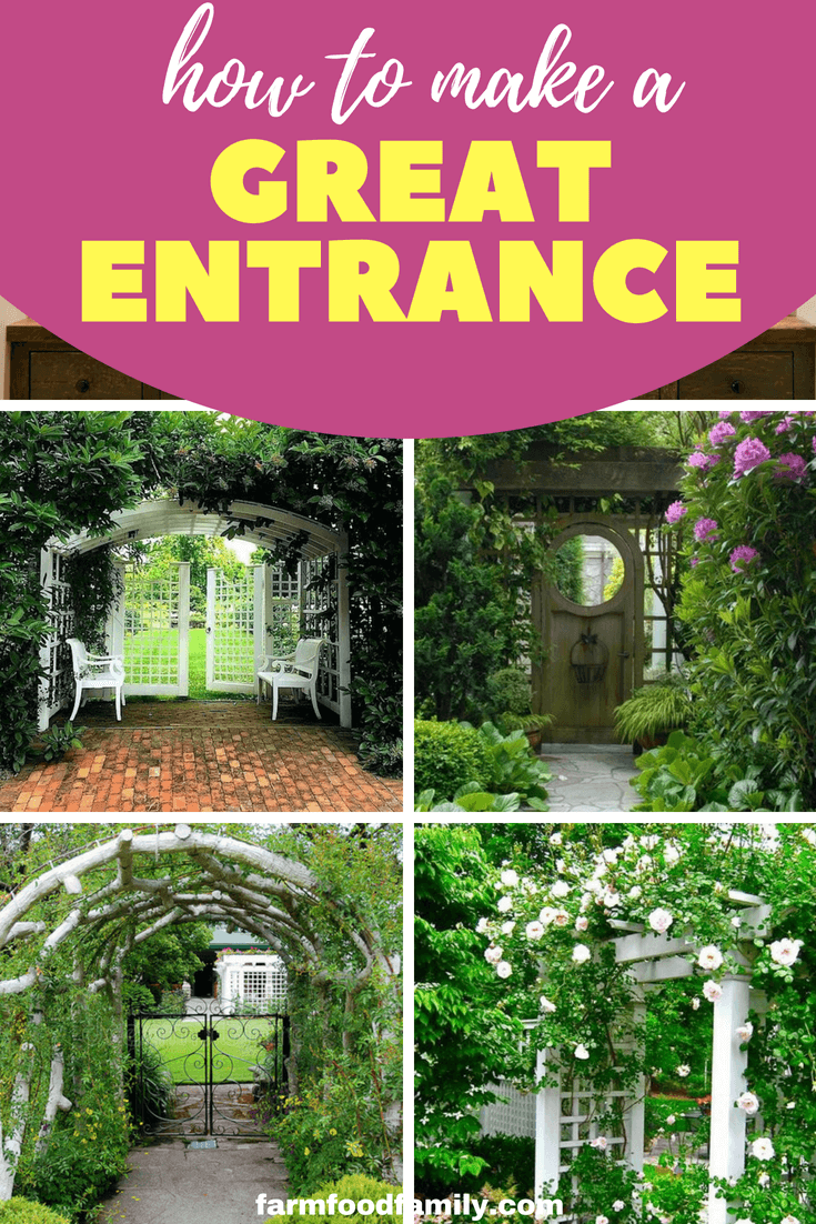A garden entry can be far more than a way to connect spaces or point the way. An entry can also be a place to sit and relax. Pop in a garden bench seat, a table for two, or a cosy chair. #garden #gardeningtips #entrance #farmfoodfamily