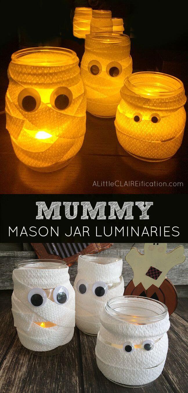 DIY Mason Jar Halloween Crafts: Googly-Eyed Mummy Mason Jar Luminaries