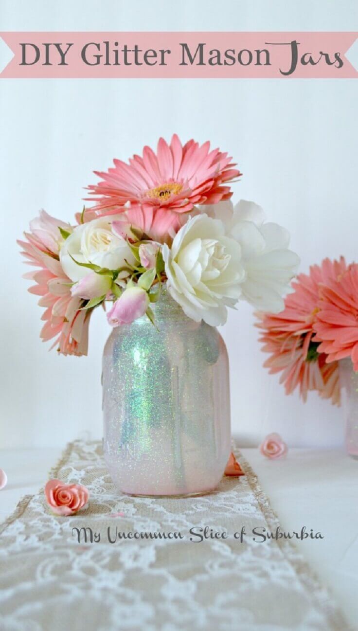 Fill Mason Jars with Glitter | Beautiful DIY Mason Jar Flower Arrangements Ideas