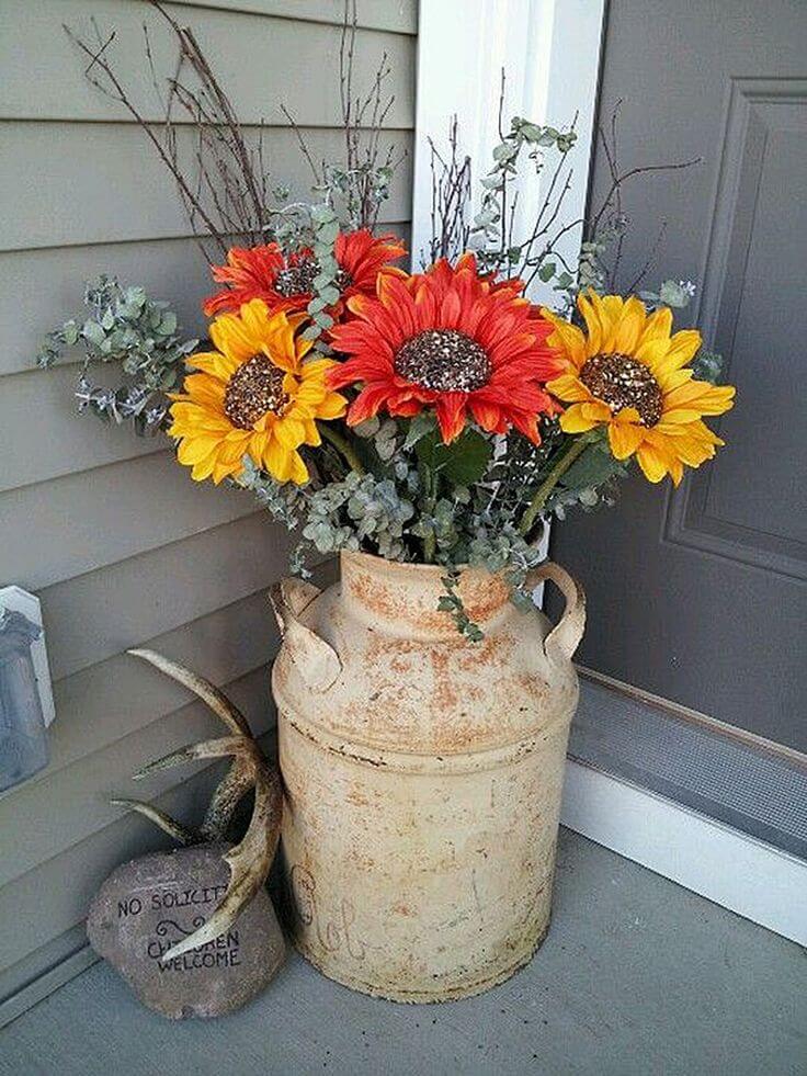 Sunflowers in a Milk Can | Vintage Porch Decor Ideas