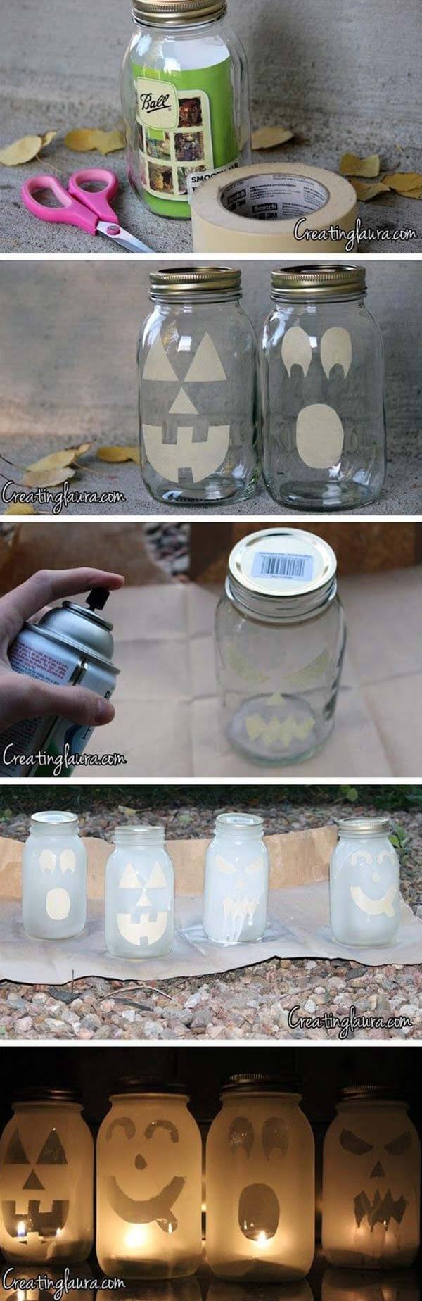 DIY Mason Jar Halloween Crafts: Spray Painted Mason Jar Ghosts