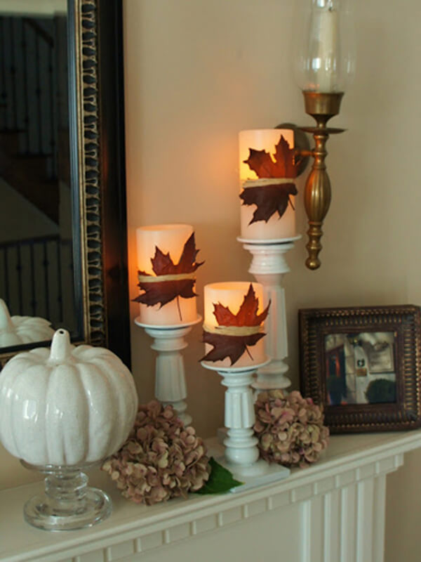 Classic Fall Leaves Decorate your Candles | Fall Mantel Decorating Ideas For Halloween