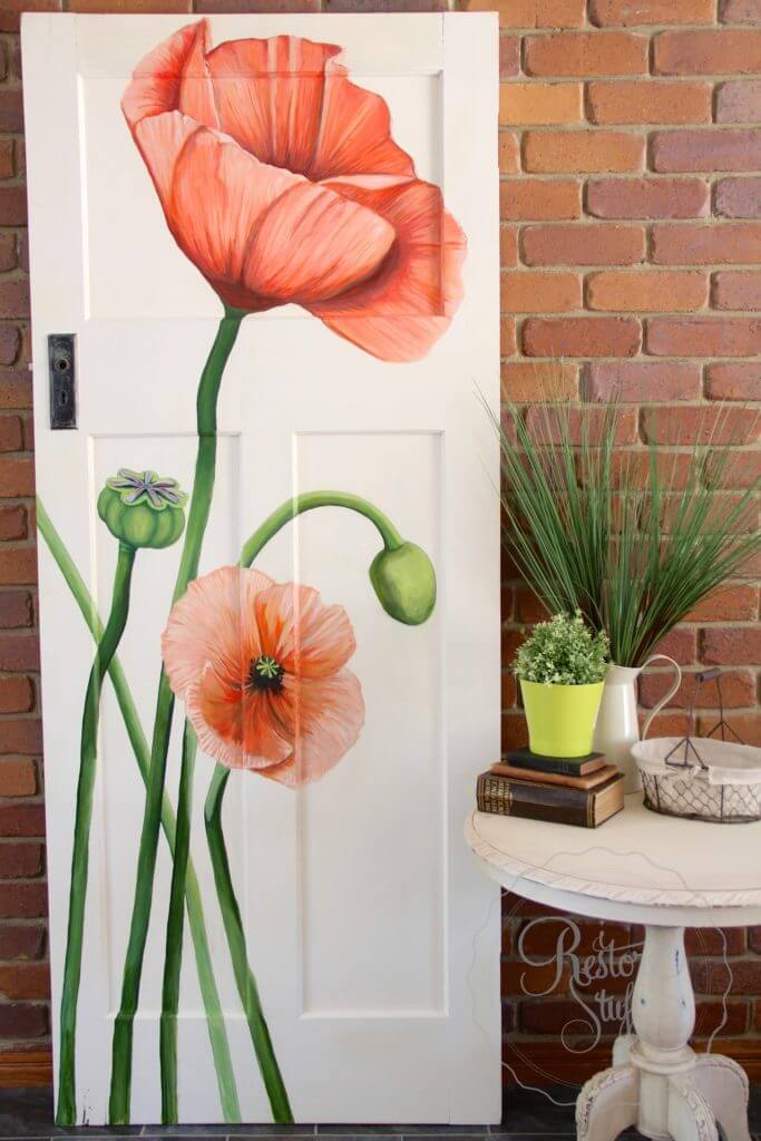 Orange Poppies Bloom on the Door | DIY Painted Garden Decoration Ideas
