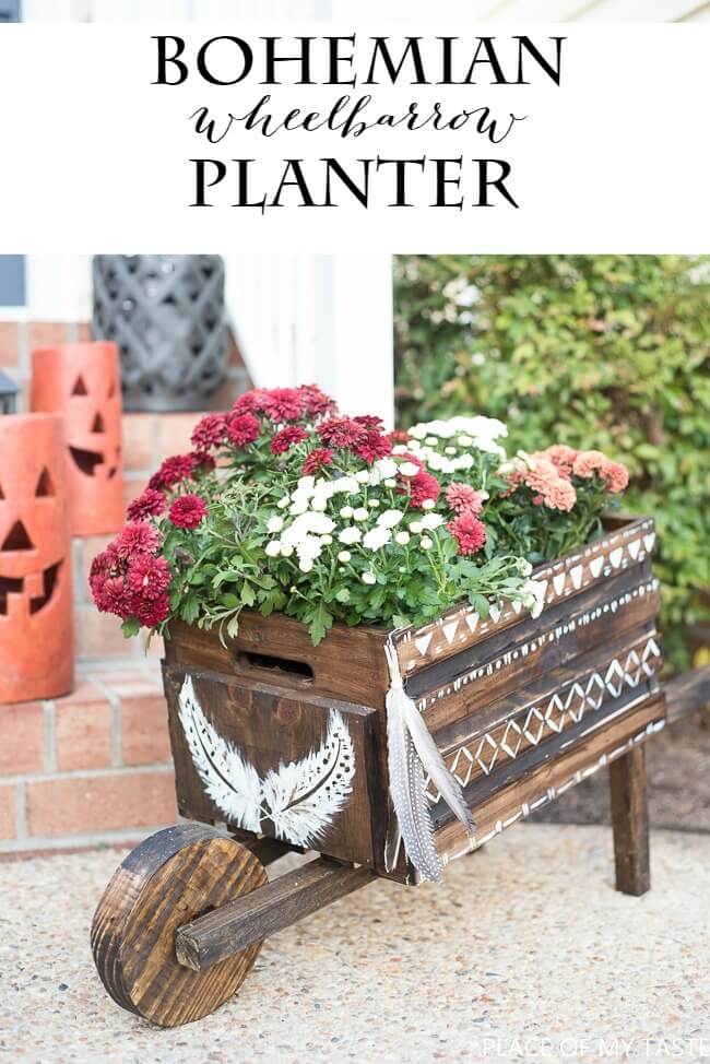 Wheelbarrow Planter with Bohemian Flair | DIY Painted Garden Decoration Ideas