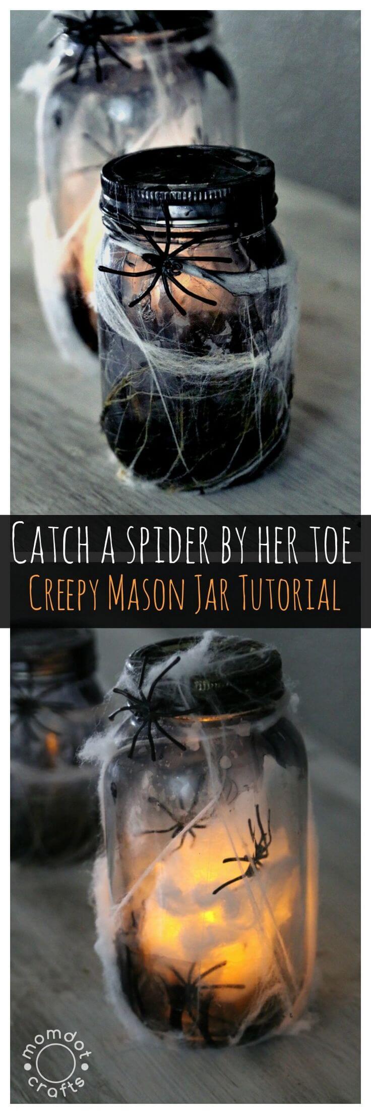 DIY Mason Jar Halloween Crafts: Super Scary Spider Web Luminaries