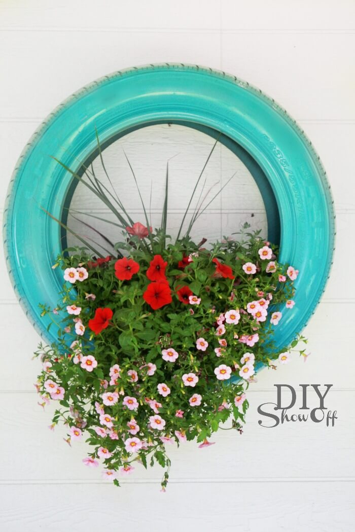 Tire Planter Colored in Teal Blue | DIY Painted Garden Decoration Ideas