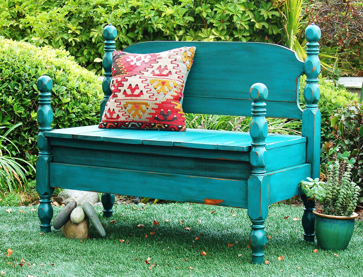 Outdoor DIY Bench Ideas: Four-Poster Splash-Of-Color Up-Cycled Head-Board Bench