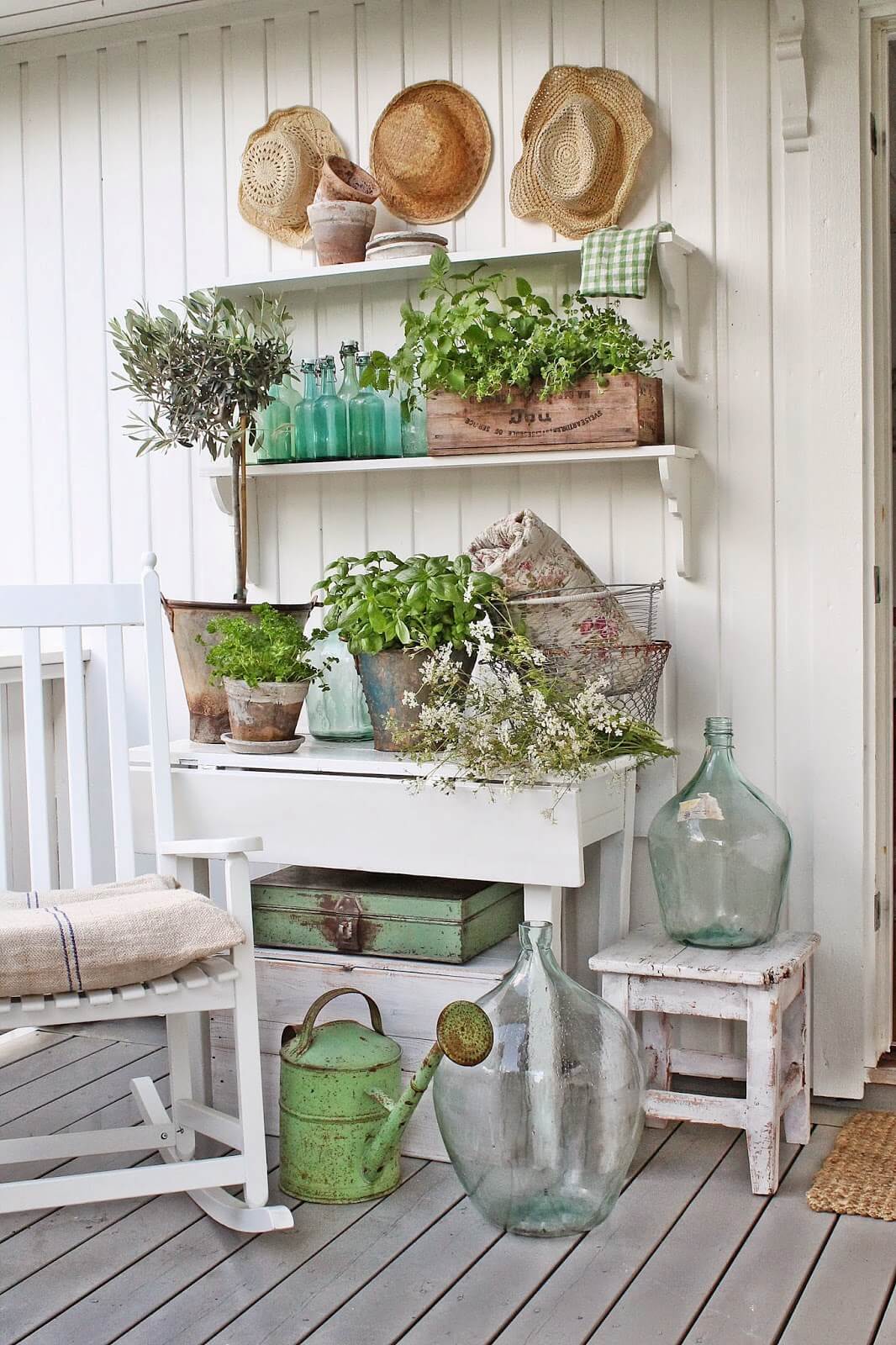 Fresh Greens and Aqua Glass | Vintage Porch Decor Ideas
