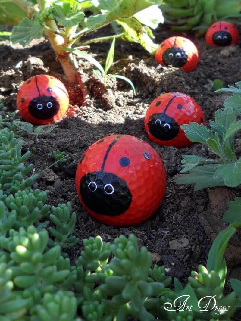 Ladybug Golf Balls Snug in the Garden | DIY Painted Garden Decoration Ideas