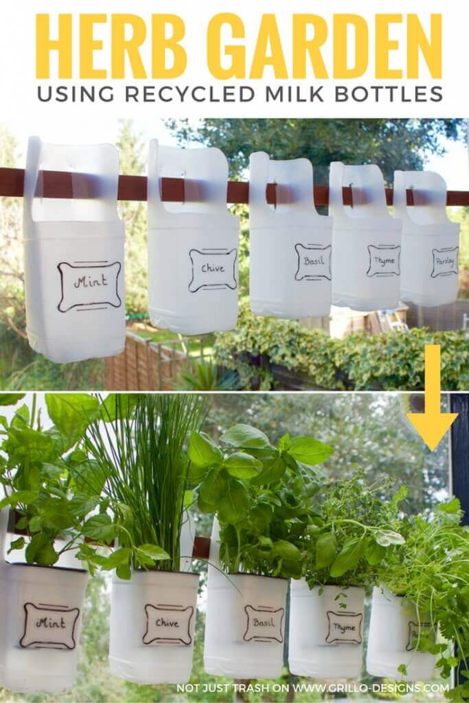 Indoor Bottle Herb Garden – From Recycled Milk Bottles | Creative Plastic Bottle Vertical Garden Ideas - FarmFoodFamily.com