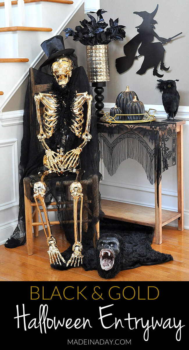 Black and gold entryway | Spooky DIY Halloween Entrance (Entryway) Ideas | FarmFoodFamily