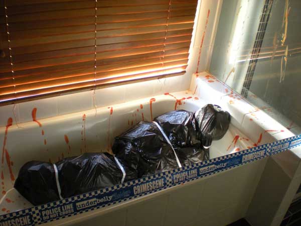 Bathroom fake corpse garbage bags
