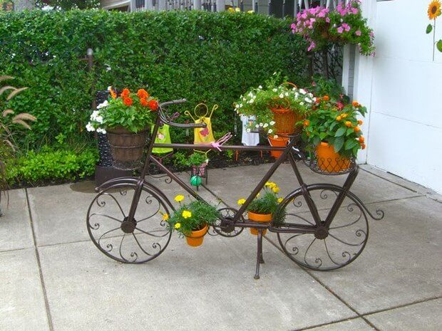 Five-Planter Wrought Iron Bicycle | Bicycle Garden Planter Ideas For Backyards | FarmFoodFamily