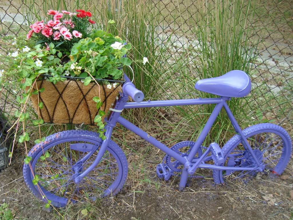 Purple Bike | Bicycle Garden Planter Ideas For Backyards | FarmFoodFamily