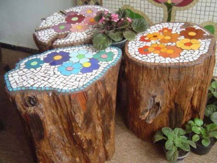 Mosaic Tree Stump Table | Tree Stump Decorating Ideas | How To Decorate a Tree Stump In Landscape