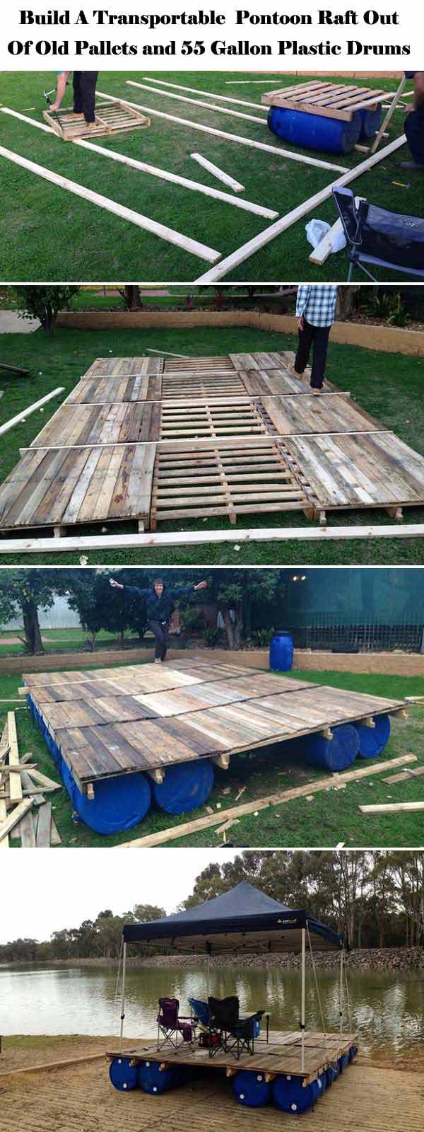Transportable pontoon raft out of old pallets