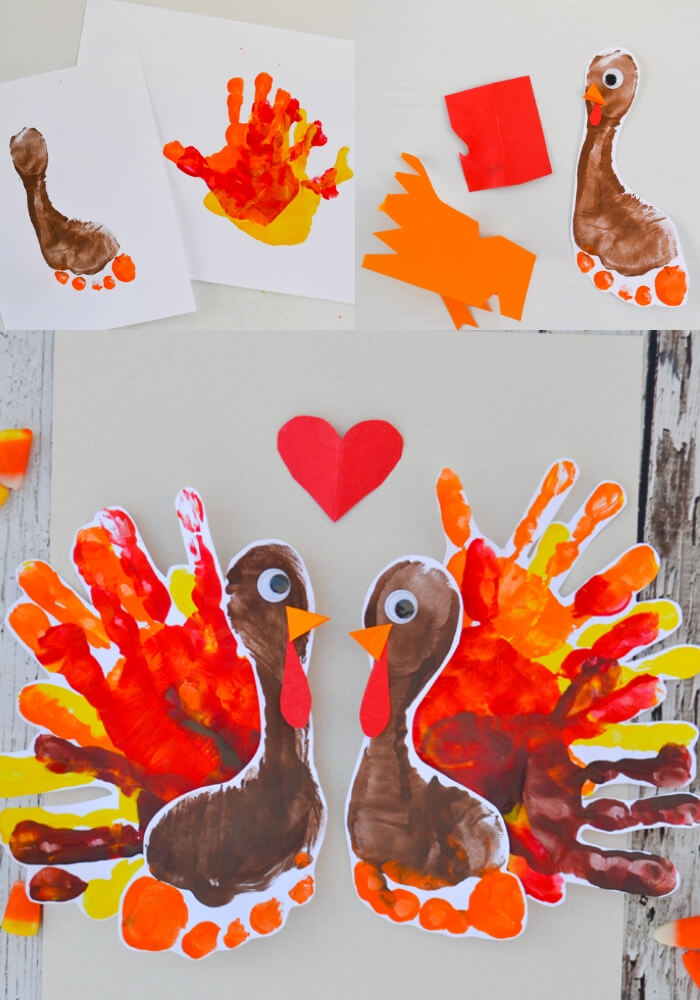 Handprint and footprint Turkey | Simple Ideas for Kids' Crafts for Thanksgiving - FarmFoodFamily.com