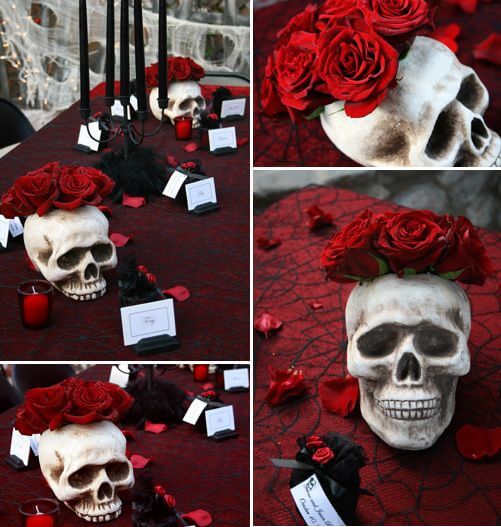 Skull centerpiece with cobweb table cloth | Halloween Wedding Theme Ideas - Farmfoodfamily.com