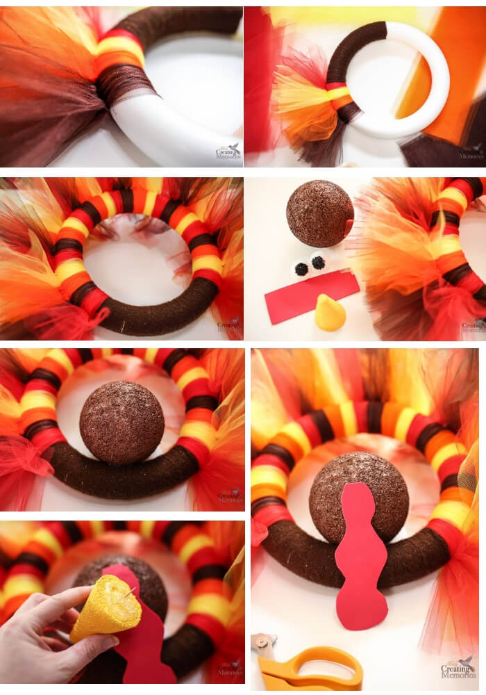 Turkey Tulle Wreath | Simple Ideas for Kids' Crafts for Thanksgiving - FarmFoodFamily.com