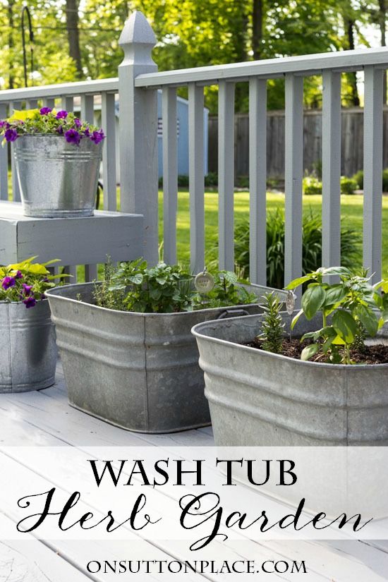 Vintage Galvanized Wash Tub Herb Garden | Flower Garden Ideas for Containers and Windowboxes