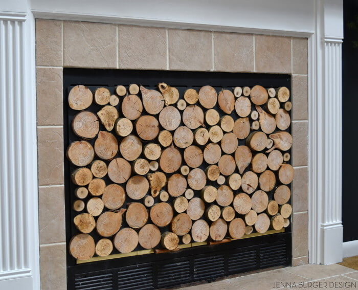 FAUX Stacked Log Fireplace Screen | DIY Wood Tree Log Decor Ideas - FarmFoodFamily.com
