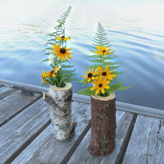 Flower vase | DIY Wood Tree Log Decor Ideas - FarmFoodFamily.com