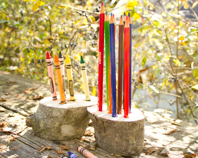Crayon holder | DIY Wood Tree Log Decor Ideas - FarmFoodFamily.com
