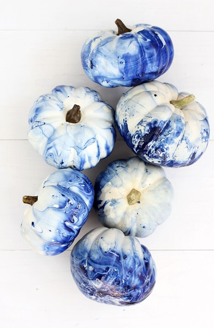 Marbled Indigo Pumpkins | No-Carve Pumpkin Decorating Ideas For This Halloween
