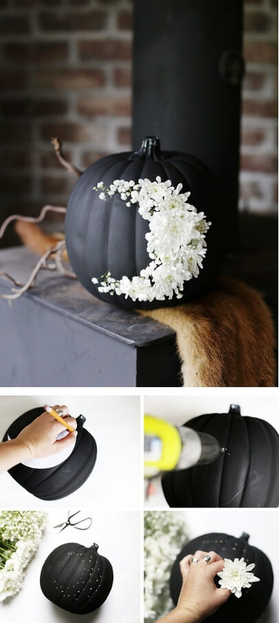 DIY Fresh Floral Moon Pumpkin | Halloween Wedding Theme Ideas - Farmfoodfamily.com