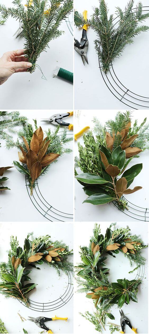 DIY Fresh Magnolia Mixed Branch Wreath | Creative, Easy, and Inexpensive Christmas Wreaths | Farmfoodfamily.com