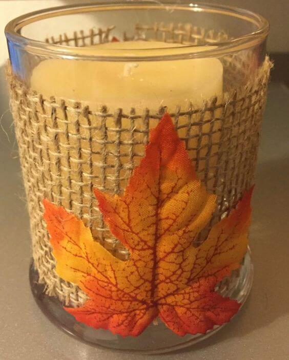 Maple leaf burlap candle holder | DIY Fall Candle Decoration Ideas - Farmfoodfamily.com