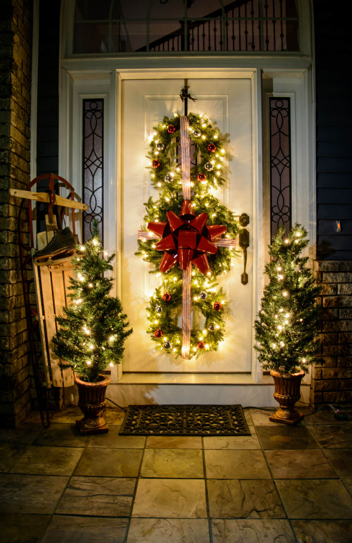 Christmas wreath trio | Christmas Door and Window Lighting Decorating Ideas